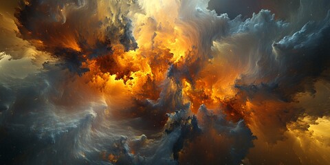 Poster - Fiery Abstract Nebula Cosmic Cloudscape Digital Art Orange Yellow Gray Swirling Smoke Fire Background Texture