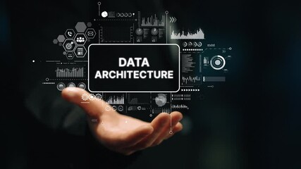Poster - Hand Holding Graphic of Data Architecture with Modern Charts and Symbols Representing Technology Concepts. Asymptotic smart data analytic.
