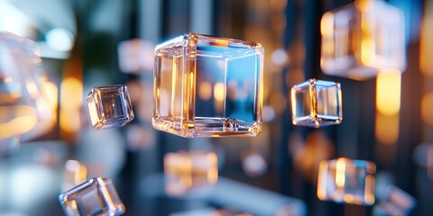 Poster - Abstract image of many glowing glass cubes floating in mid air against a blurred background Perfect for technology data network or modern design concepts