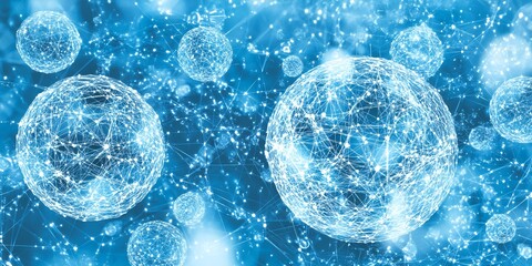 Poster - Abstract Network Connection Global Communication Concept Digital Data Sphere Futuristic Technology Background Blue Illuminated Nodes Lines