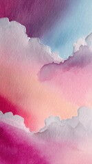 Poster - Abstract watercolor painting featuring vibrant hues of pink, blue, and purple blending softly to create a dreamy celestial atmosphere with cloud-like forms.