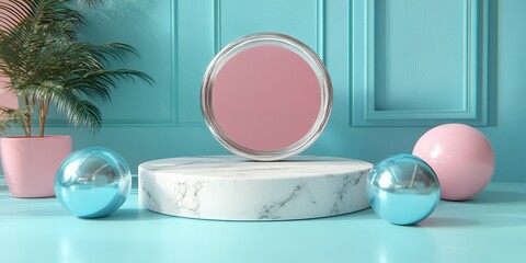 Poster - Elegant Marble Product Display Platform with Pink and Blue Spheres Pastel Color Scheme Minimalist Scene Studio Shot