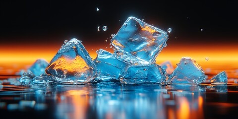 Poster - Stunning abstract image of ice cubes splashing against a vibrant orange and blue background Perfect for concepts related to cold drinks refreshment or contrasting temperatures