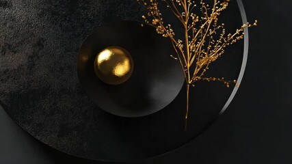 Poster - Golden Sphere and Branch in Black Bowl: Minimalist Still Life
