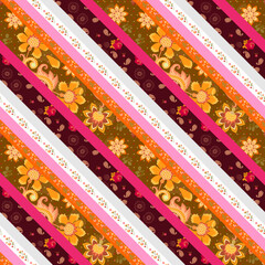 Wall Mural - beautiful seamless vintage patchwork pattern with diagonal stripes decorated with flowers and paisle
