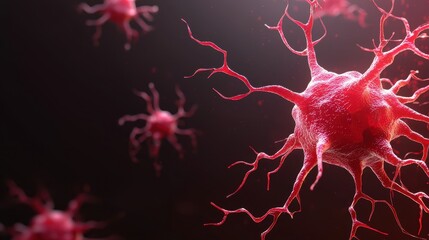 Poster - Close-up illustration of red neurons with branching dendrites against a dark background.