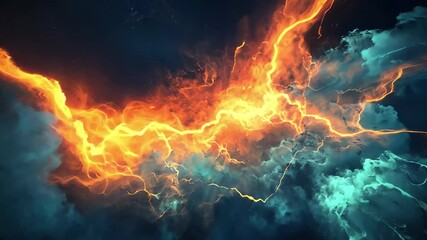 Poster - Dynamic interplay of blue and orange lightning in an abstract digital painting, Abstract digital painting of blue and orange lightning strikes in a stormy sky