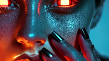 Poster - Futuristic female cyborg portrait showcasing glowing eyes and tech-enhanced features in a vibrant setting, Female cyborg portrait glow tech ring