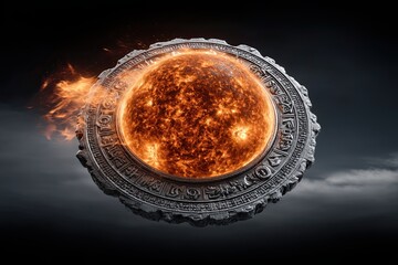 Poster - Fiery Sun Symbol Over Black Background with Detailed Engraved Border