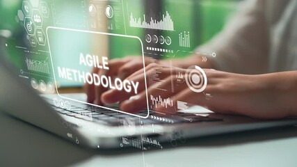 Poster - Hands Typing on Laptop with Agile Methodology Concept Overlay and Data Analytics Visuals in Modern Workspace Setting. Asymptotic smart data analytic.
