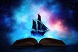 © warunthorn - Open Book with Sailing Ship and Cosmic Galaxy Background