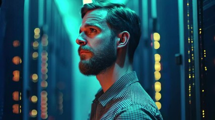 Poster - Attractive IT engineer working in a data center surrounded by server racks with blue lighting, Attractive IT engineer working in a data center