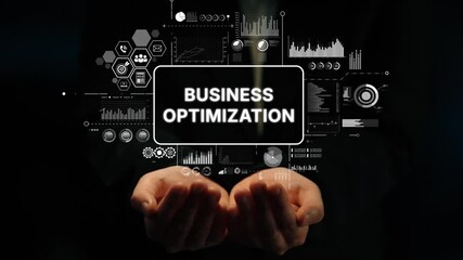 Poster - Hands Holding Business Optimization Concept with Data Graphics and Digital Interface Elements for Presentations and Marketing. Asymptotic smart data analytic.