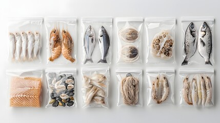 Poster - photo-realistic studio photo of eco-labeled seafood packaging on white background, modern marketing concept, cinematic scene