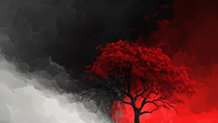 Poster - Crimson Tree Against a Stormy Sky