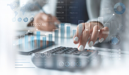 Poster - Finance, business and investment, market research and data analysis. Business woman calculating financial report, business analysis, budgeting with financial graph growth chart