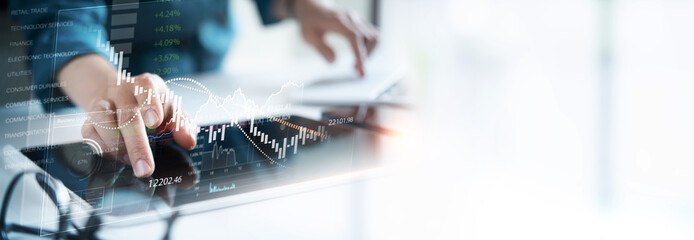Poster - Stock market, business data analysis, Businessman, finance analyst analyzing business data report and stock market trading graph  with economic growth chart, finance and investment, market research