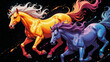 © ekampos - Dynamic duo of vibrantly colored horses galloping against a dark background, captured with lively energy and artistic flair.