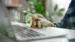 © CL STOCK - Hand analyzing environmental data with net zero dashboard, carbon footprint metrics, and green analytics. Concept of ESG, sustainability, eco technology, and digital climate solutions.