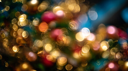 Poster - Bokeh christmas lights background holiday festive season blurred colorful decoration christmas tree background