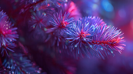 Poster - Close up of christmas tree branch with purple and pink lighting for holiday season 100 characters