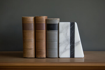 Poster - Aged books and a decorative marble bookend on a wooden shelf.