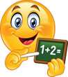 © Yael Weiss - Happy Emoji Emoticon Teacher Holding a Chalkboard with a Simple Math Problem and Pointing at It with a Piece of Chalk