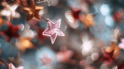 Poster - Starry christmas background with festive star ornaments and bokeh lights for holiday season decor