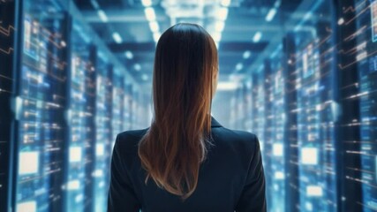 Poster - Data Center Navigator: A poised individual walks through a server room, exploring cutting-edge technology, with rows of servers illuminating the path, representing future possibilities.