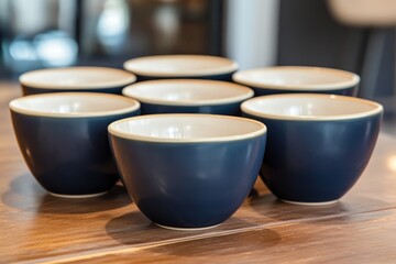 Poster - A collection of dark blue ceramic bowls on a wooden surface.