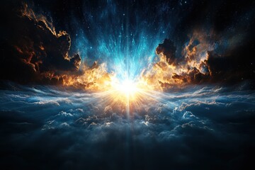 Poster - Celestial sunrise over clouds abstract sky digital art ethereal atmosphere wide angle cosmic beauty