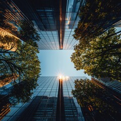 Poster - Urban nature interaction skyscrapers and trees cityscape modern architecture bright day unique perspective