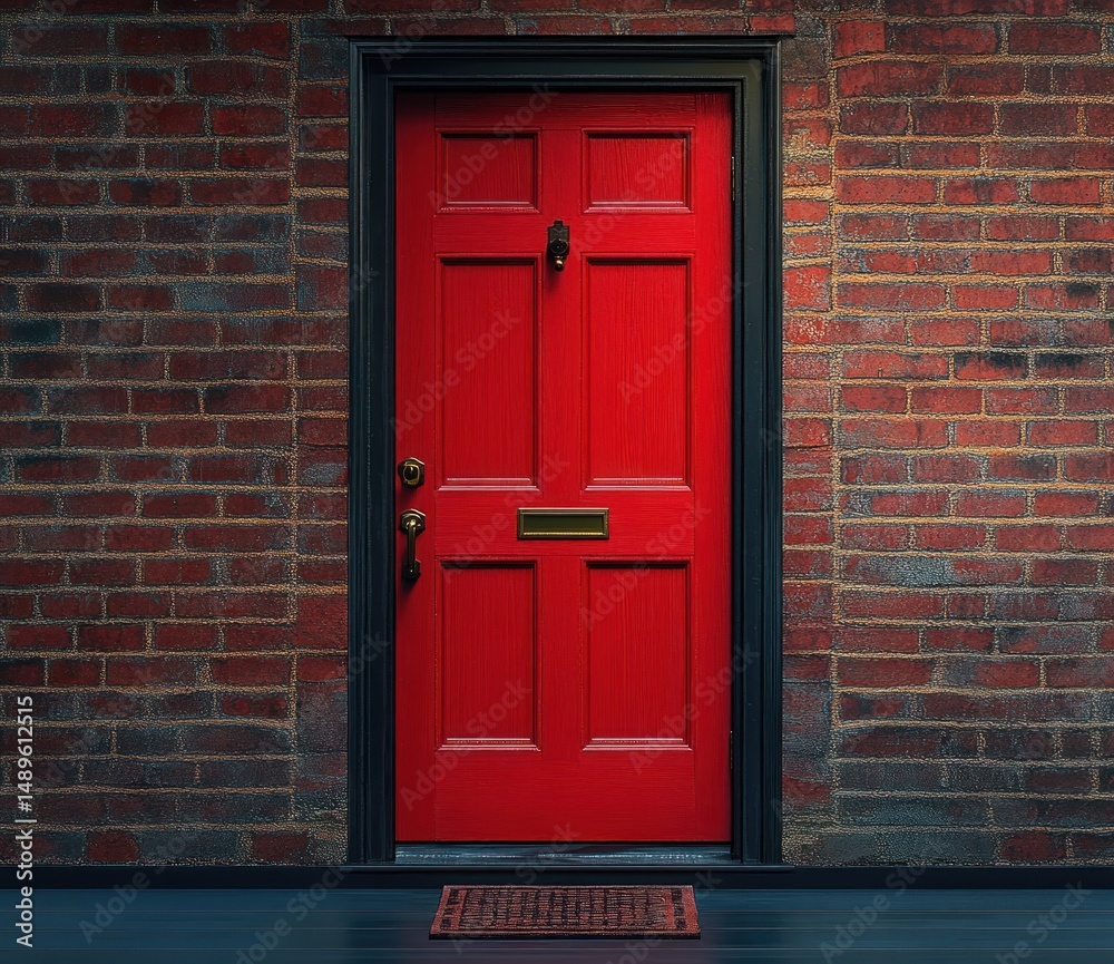 Bright red wooden front door with brass hardware set in a dark brick wall with a black frame and small doormat in front