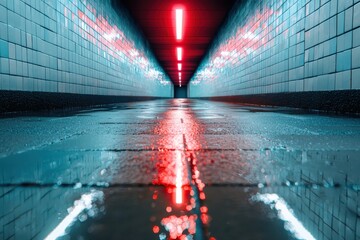 Poster - Illuminated urban passage abandoned subway tunnel photography neon reflections low angle surreal atmosphere