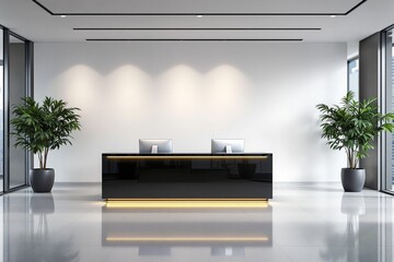 Poster - Sleek reception desk in modern office lobby with two computers, potted plants, and clean white walls under bright lighting, concept of contemporary design. Ai generative