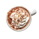 Aerial view of delicious hot chocolate topped with whipped cream and sprinkled with cocoa powder, creating an inviting and indulgent treat [Transparent Background PNG].
