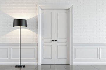 Poster - White double doors with detailed molding next to a sleek floor lamp, set against a white brick wall and tiled floor, representing modern interior design. Ai generative