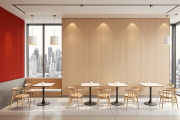 Poster - Stylish café interior with wooden furniture and light wood wall panels, modern style, urban background, concept of minimalism and architecture. Ai generative
