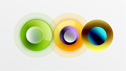 Poster - Abstract circles overlap, creating vibrant color gradients. Lines radiate outward from central points, forming dynamic visual effect.