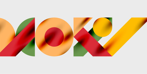 Poster - Colorful text displays word NOW. Overlapping shapes create dynamic visual effect. Bright hues dominate composition. Simple, modern design.