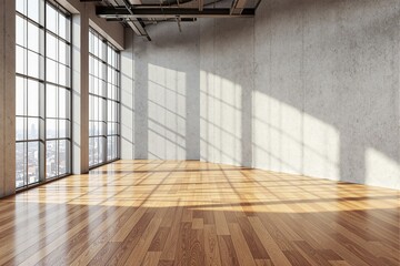 Poster - Spacious modern interior with tall glass windows, realistic style, city view background, concept of architecture and interior design. Ai generative