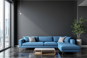 Poster - Contemporary living room with a blue sectional couch, striped cushions, modern furniture, and urban skyline view through large windows. Ai generative