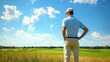 © KyleAnderson - Man in white golf attire standing on a grassy field under a bright blue sky with scattered clouds, observing a vast green landscape