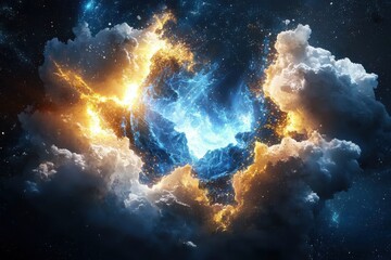 Poster - Cosmic explosion of light and color in dramatic cloud formation outer space digital art celestial scene artistic perspective