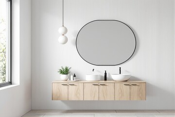 Poster - Modern bathroom with floating wood vanity and twin vessel sinks, round mirror, pendant lights, white wall background, concept of minimalist design. Ai generative