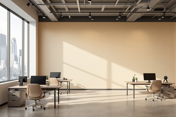 Poster - Contemporary office space with modern furniture and computers, realistic style, beige wall background, concept of professional workspace. Ai generative