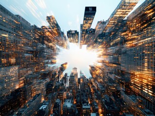 Poster - Captivating cityscape zoom effect urban environment digital art evening light aerial view fast-paced concept