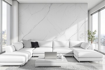 Poster - Elegant modern living room with white furniture, marble wall texture, minimalist style, cityscape background, concept of luxury interior design. Ai generative