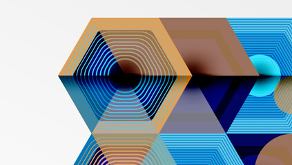 Fototapete - Abstract geometric composition. Hexagons, lines create depth, illusion. Blue, brown, orange hues dominate visual space. Modern design.