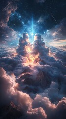 Poster - Celestial light show cloudscape digital art ethereal environment wide-angle view cosmic inspiration